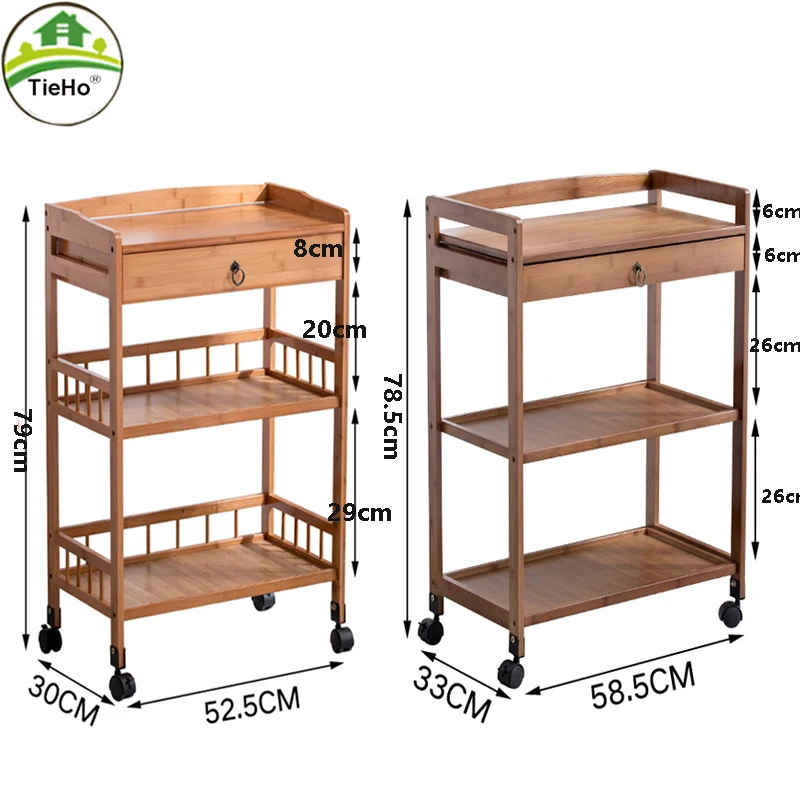 TieHo 3 Tier Bamboo Shelf Serving Table with Wheels Drawer Kitchen Storage Cart Bar Cart Chinese Wine Tea Island Trolley