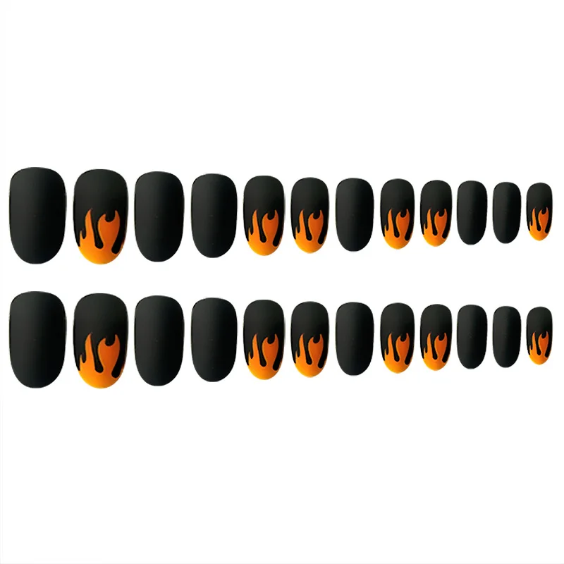 Nusx 24pcs Punk Fire Fake Nails Matte False Nails Dark Black Pre design Short Round Head 4