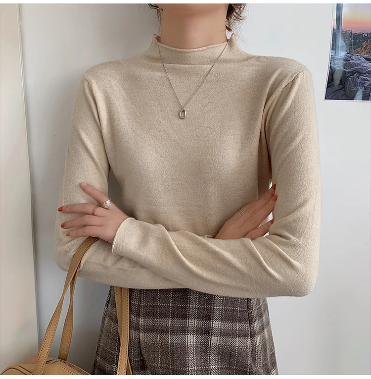 

Stand Neck knitted Women's Tops 2020 Autumn/winter New 2020 Korean version Solid color Slim Long-sleeved tshirt Women 2727B