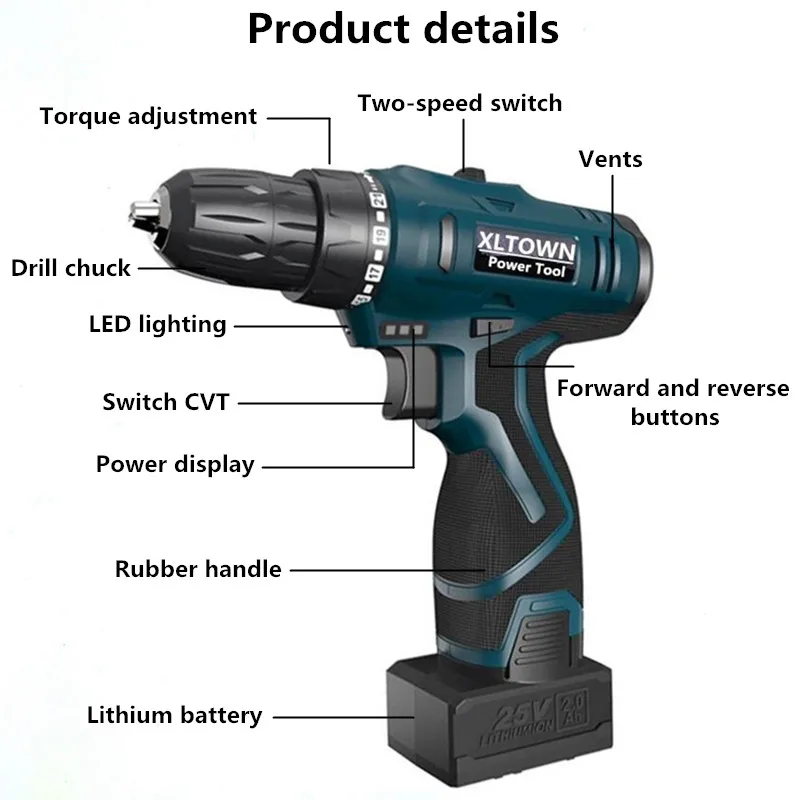 XLTOWN 16,8 В/25 В электродрель Перезаряжаемые литиевых Батарея бытовой многофункциональная электрическая отвертка с 2 Батарея