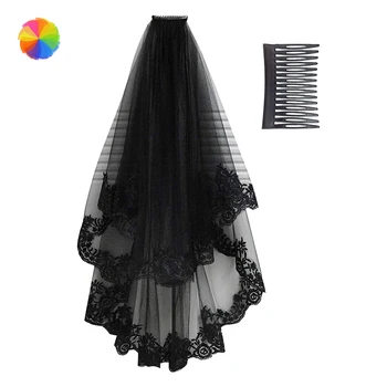 

Short Bridal Veil Wedding Accessories Hair Jewelry Black Wedding Veil Cathedral Hair Veil with Comb Lace Edge XBFF