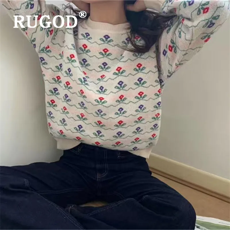 RUGOD осенний женский свитер с круглым вырезом и цветочным узором, винтажные свободные трикотажные пуловеры, Модный женский элегантный шикарный топ