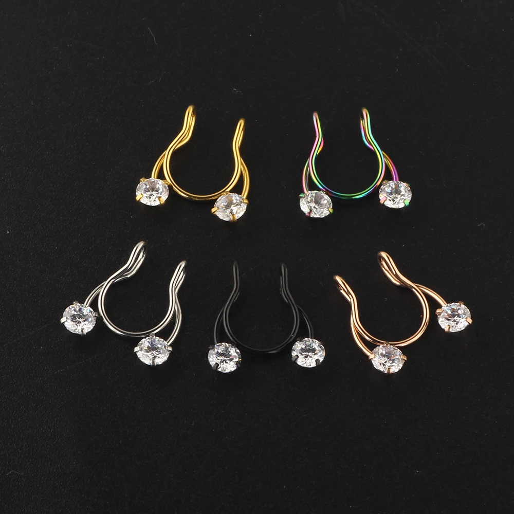 20g Nose Rings Stainless Cz Hoop Earring Hinged Segment Clicker Fake Septum Helix Stud Piercing Body Jewelry 50/100pcs 5 colors