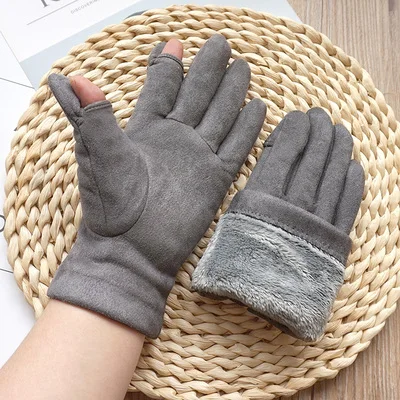 women gray Осенне-зимние мужские и женские парные модели плюс бархатные перчатки без пальцев с сенсорным экраном толстые теплые замшевые перчатки - Цвет: women gray