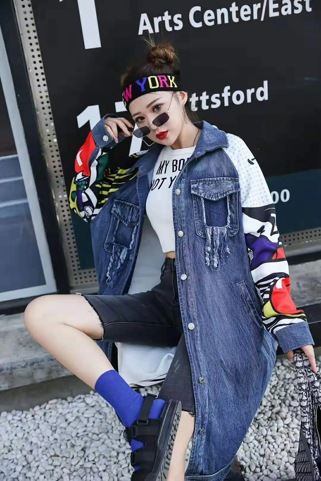 women's denim windbreaker female fashion creative personality pattern stitching loose denim jacket street clothing women