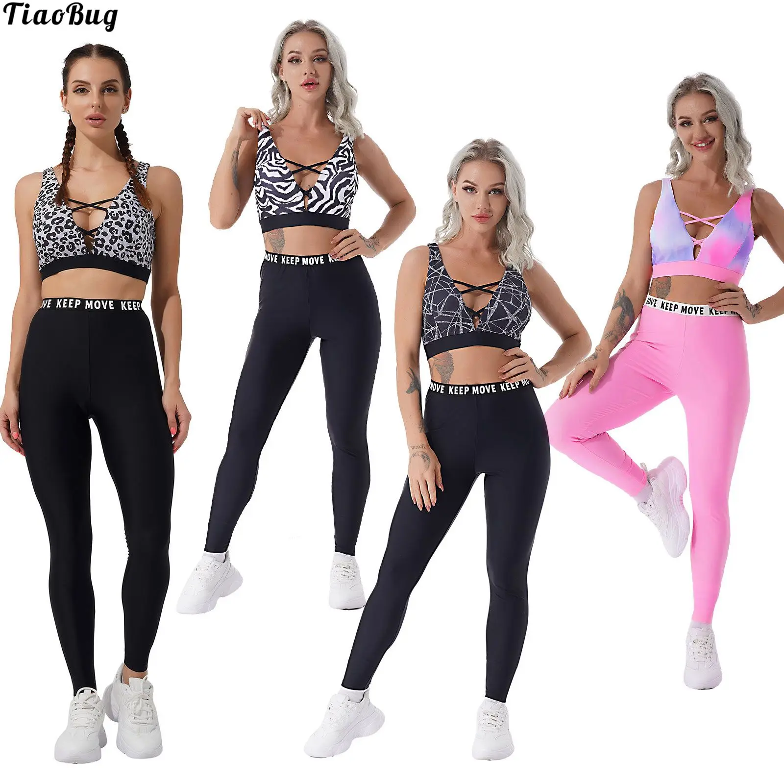 

TiaoBug Women Casual 2Pcs Sport Yoga Gym Outfit Stripe Leopard Pattern Crop Vest With Letter Print Leggings Fitness Tracksuit