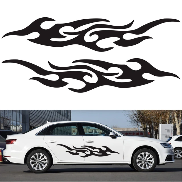 2 pièces (blanc) - 240cm Flame Pattern Body side stickers Flame Motorsport  Stripes autocollants de voiture autocollants vinyle universel pour toutes
