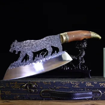 

9'' Handmade Forged Chinese Chef Knife Meat Cleaver Slaughter Sharp Figured Vegetable Cutter Kitchen Cooking Tools