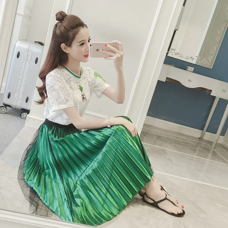 

2017 Summer Wear New Style Korean-style Lace Embroider Jacket + Fold Gauze Skirt Two-Piece Women's Fashion