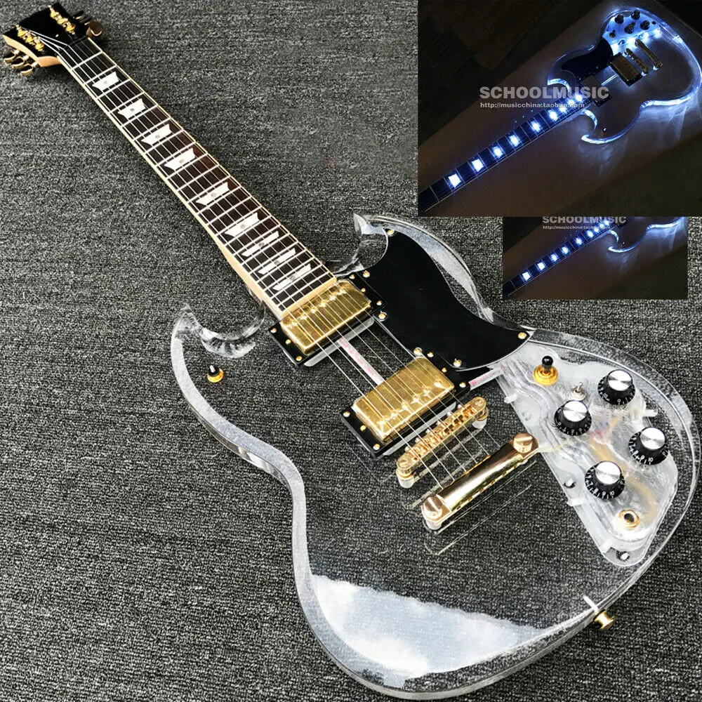 

Blue LED Light Electric Guitar Maple Acrylic Body Crystal Guitar Sweet Sound