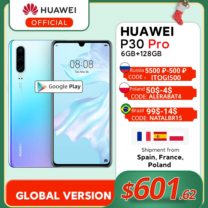 Глобальная версия Huawei P30 Pro 6 ГБ 128 Kirin 980 Octa четыре ядра смартфон с функцией