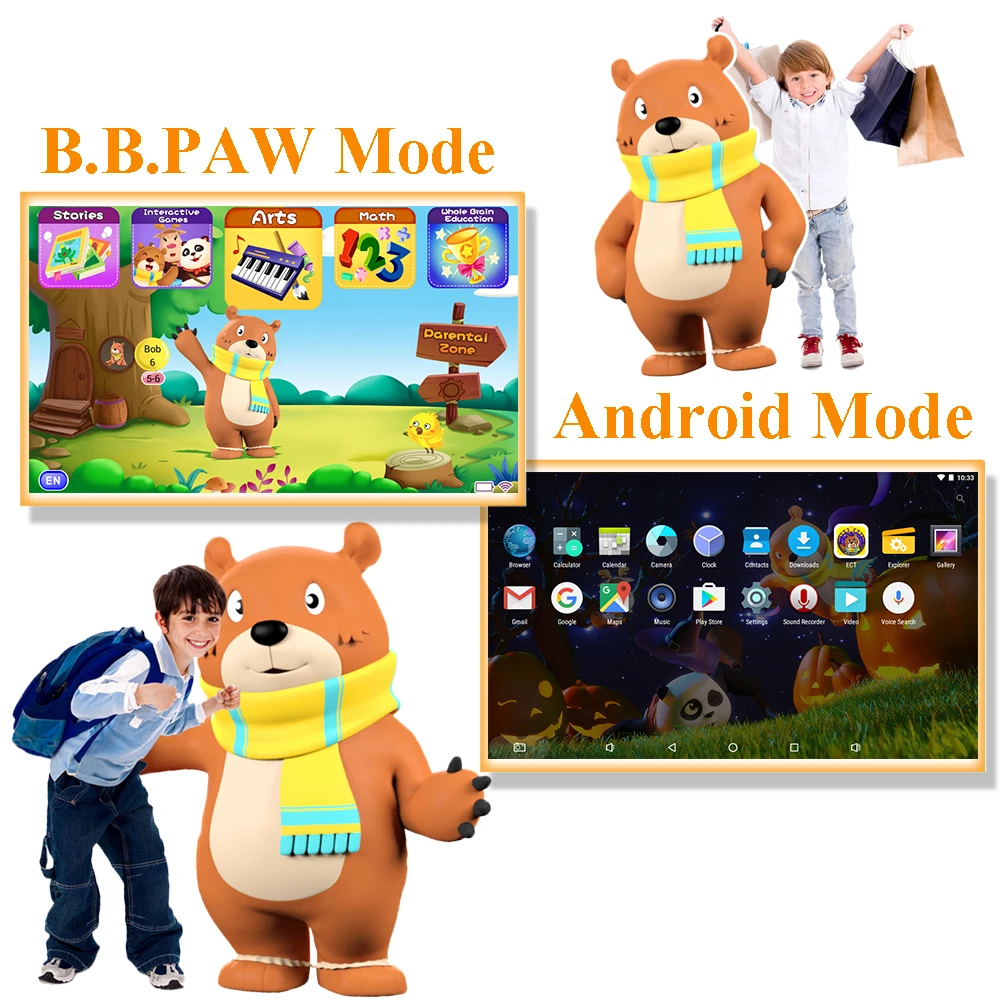 Kids Tablet, B.B.PAW 7 Inch HD Display 1+8G Android 6.0 Tablet for Adults and Kids, 120+ English Learning Preloaded Apps-2 Packs