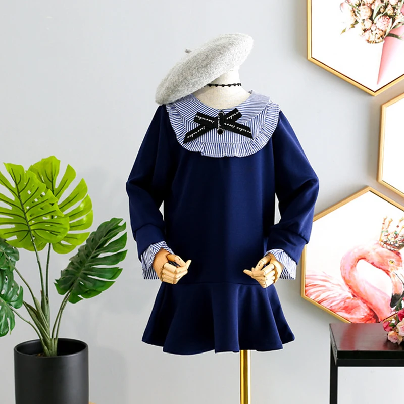 Весенне-осеннее платье для девочек; платье-блузка для малышей; детское Брендовое платье; vestidos; модное Полосатое платье со шнуровкой в консервативном стиле для детей от 2 до 8 лет