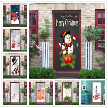 

Self Adhesive 3d Door Sticker Waterproof Xmas Snowman PVC Wallpaper Print Merry Christmas Suit Wall Art Children Room Home Decor