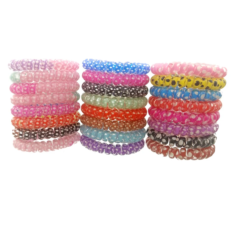 

Lots 5 Pcs Size 5CM Print Dot Hair Bands Elastic Rubber Telephone Wire Hair Ties & Plastic Rope Hair Accessory Random Color