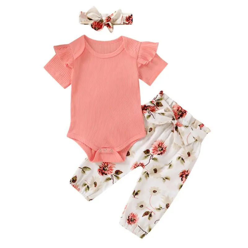 

0-18M Summer Toddler Infant Baby Girl Clothes set Short Sleeve Romper Tops + Flower Pants 3pcs Outfit