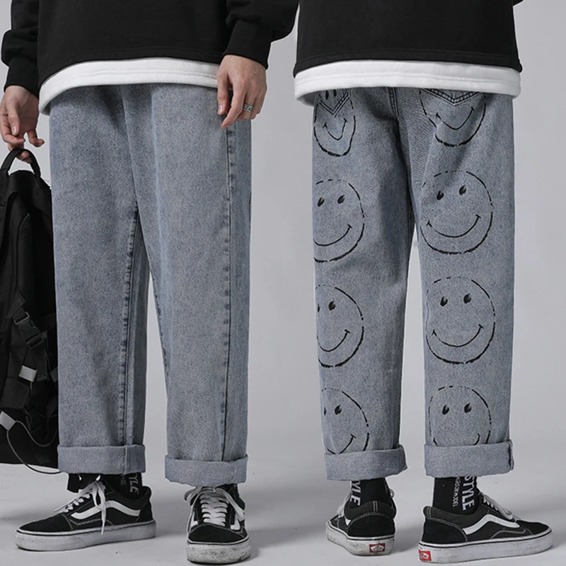 Pantalones vaqueros Vintage lavados para hombre, Jeans holgados de estilo urbano Harajuku con dibujo de cara de sonrisa, estilo Hip Hop