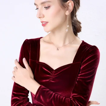 

gkfnmt Velvet Blouse 2019 Autumn Winter Women Shirts Long Sleeve V-Neck Basic Lady Warm Vintage Blusas Femme Tops