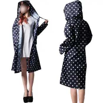 

Outdoor Women Waterproof Riding Clothes Raincoat Poncho Pocket Polka Dot Hooded Knee Long Rainwear Nylon Navy Blue Best Selling