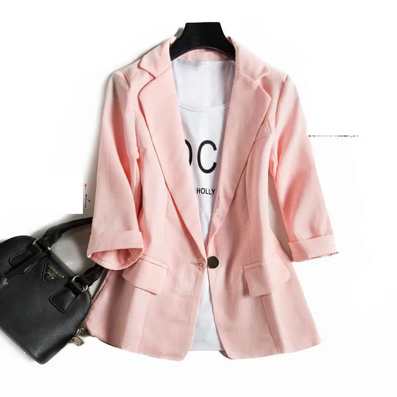 2020 Spring Fashion Women Autumn Coat Seven Sleeve Plaid Suit Jacket Notched Pink Blue Blazer Feminino Plus Size Designer Coats
