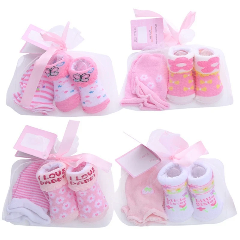 baby socks+ Anti-grab gloves set Cute cartoon baby socks set striped dot spring and autumn cotton middle sock