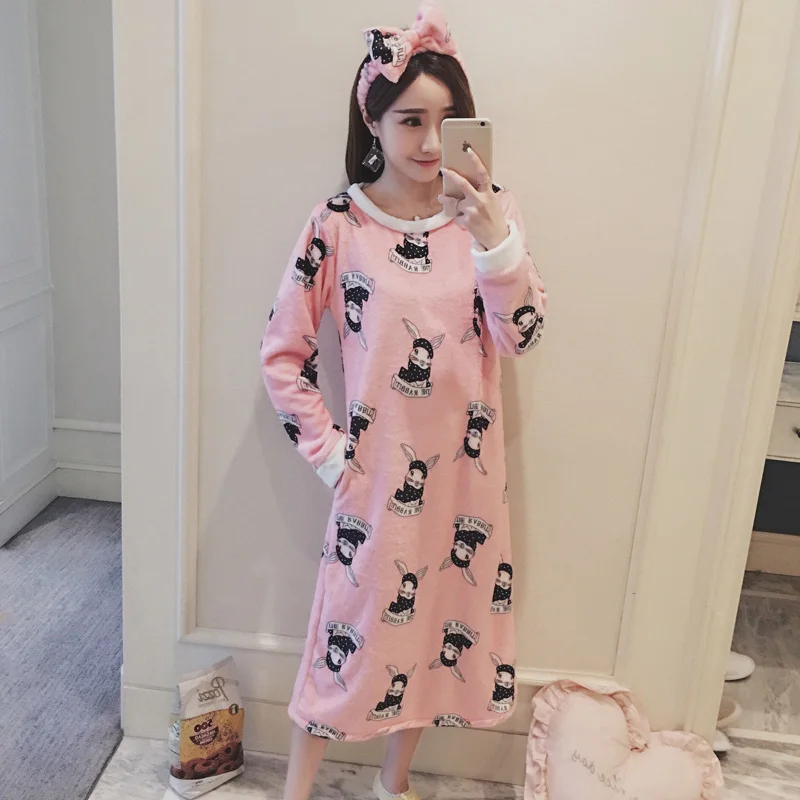 Flannel Pink Thicken Nightgown Lady Nightdress Casual Sleepwear Home Dressing Gown Soft Winter Home Wear Coral Fleece Nightdress