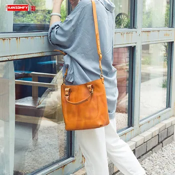 

Retro Women Handbags Bucket Bag Female Large Capacity Shoulder Crossbody Bag First Layer Cowhide Handmade Genuine Leather Big