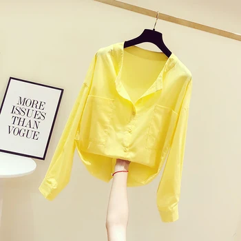 

2020 Spring New Korean Version of The Solid Color Lazy Wind Pockets Single Breasted Long-Sleeve Shirt Women's Loose Blouse Top