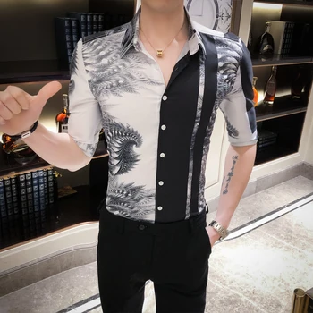 

Mens Middle Sleeve Shirt Personality Feather Print Lapel Blouse Male Fashion Wild Slim Top Summer New Tide Leisure Shirts