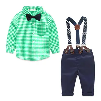 

2pcs Boys Clothes Set Plaid Autumn Personality Breathable Soft Splicing Lapel Button Baby Kids Cotton Tees Trousers