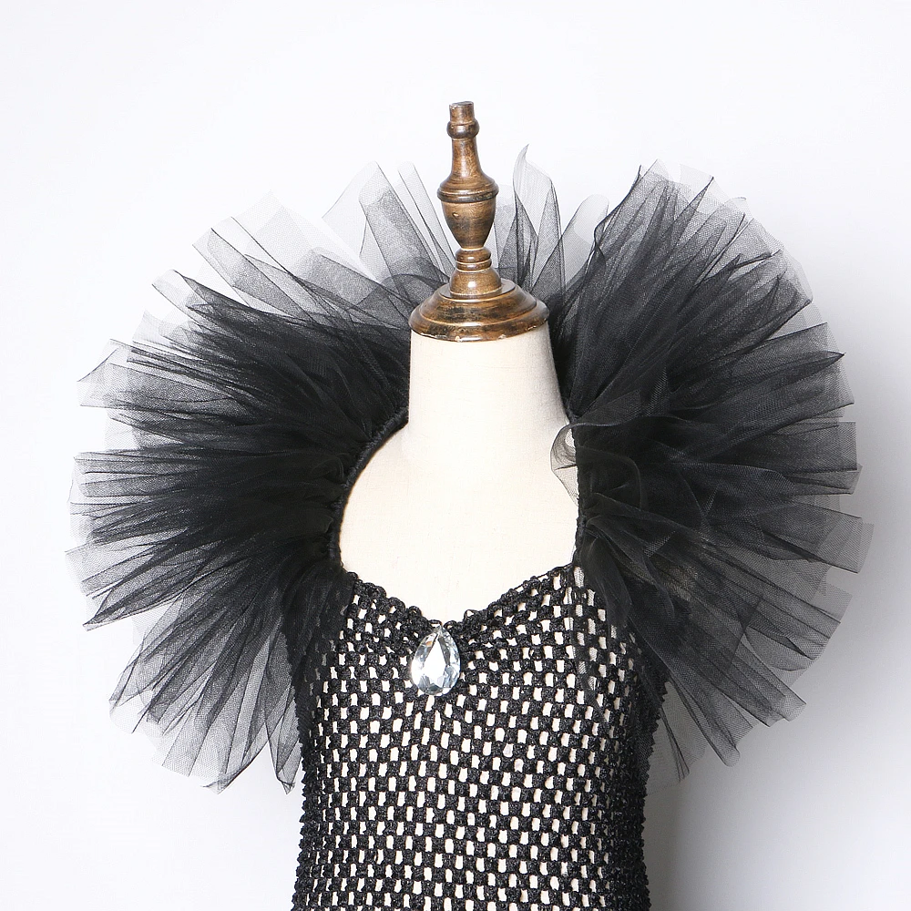 Solid Black Maleficent Halloween Costumes Girls Kids Witch Long Tutu Dress Ankle Ball Gown Devil Cosplay Outfit Horns Wings girls dress,princess costume,kids clothes