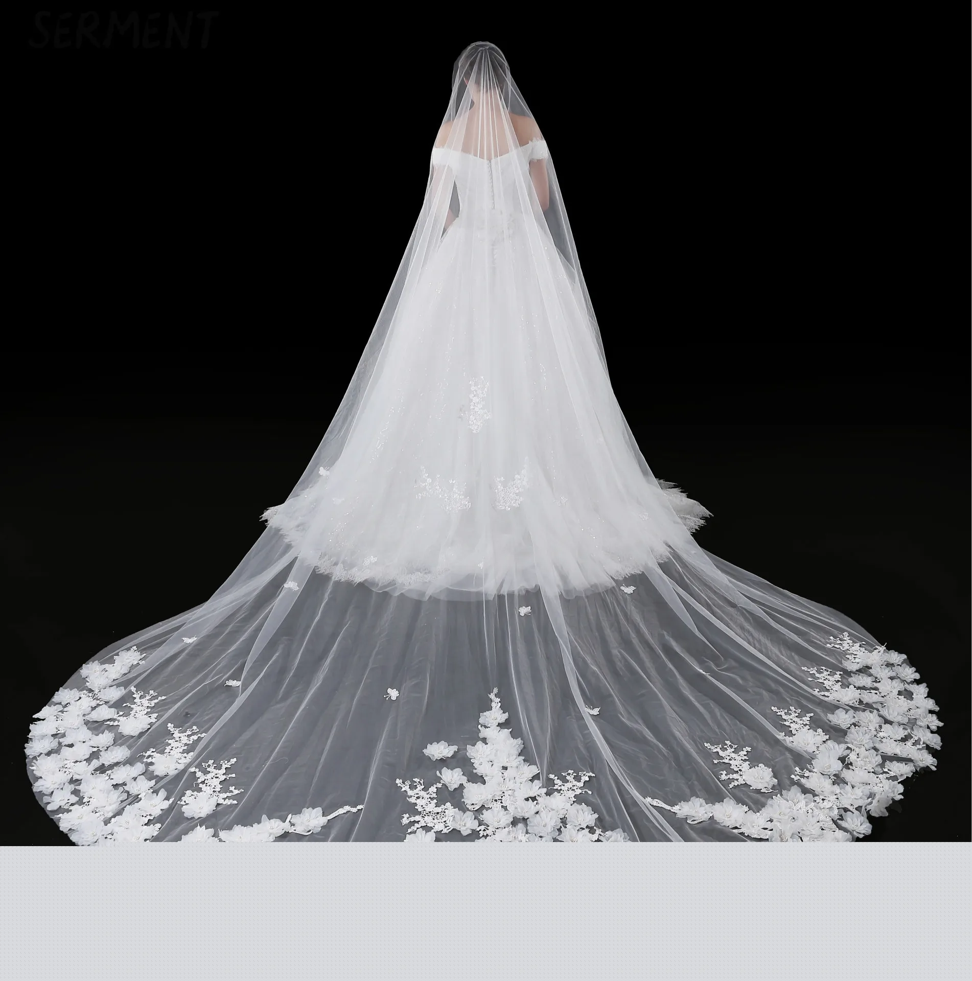 SERMENT Cathedral Wedding Veil Bead Edge Three-Layer Apliqued 400cm Lace Sequins Long Tailed Bride Veil White Wedding Accessorie
