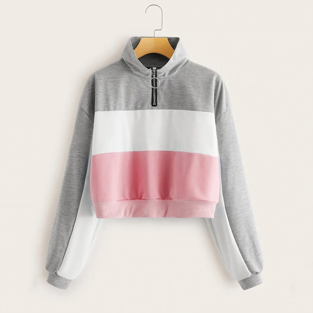 

O-ring Zipper Autumn Winter Women Hoodies Pockets Turtleneck Long Sleeve Patchwork Color Block Sweatshirt Female Casual Coat