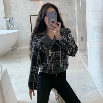 

Women tweed splicing PU Leather Jacket 2019 Winter And Spring Turn-down Collar New Fashion Sexy PU Jacket