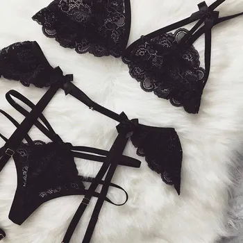 

New Sexy Hot Lingerie Women Underwear Sleepwear Lace Bra+G-string Panties+Garter Belt Babydoll Underwear Set lenceria mujer