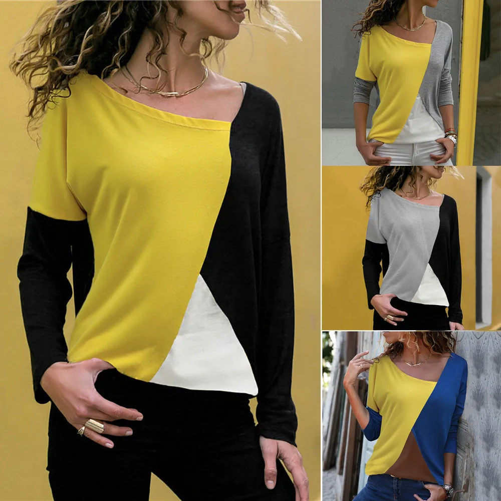 2020 Top Women Chest Cutout Color Block Tunic Long Sleeve Shirt Tunic T-shirt Tops New Fashion Causual Spring Femme Blusas 2021 1