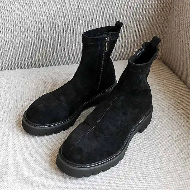 black flock Krazing pot/Новые однотонные сапоги из натуральной кожи с круглым носком Теплые сапоги на среднем каблуке в консервативном стиле, повседневная одежда модные сапоги панк до лодыжек L70 - Цвет: black flock