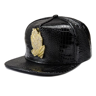 Casquette/Стразы под крокодила, золотые бейсболки с ручками для молитвы, бейсболки из искусственной кожи с плоскими полями, регулируемые новые кепки в стиле хип-хоп, мужские шапки - Цвет: Черный