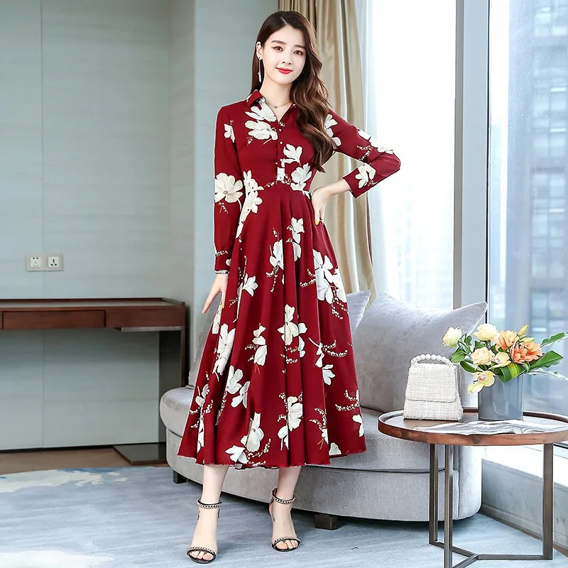 Vestidos Vetement Femme осеннее женское шифоновое красное платье с длинным рукавом и цветочным принтом Roupa Feminina осенние платья для женщин