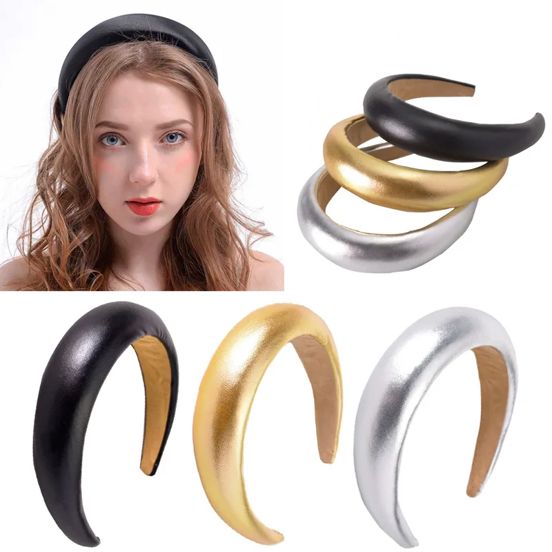 CN Leather Sponge Padded Headband Solid Thick Metalic Hairband Hair Hoop For Women Girls Head Womens Mulher Hair Accessories