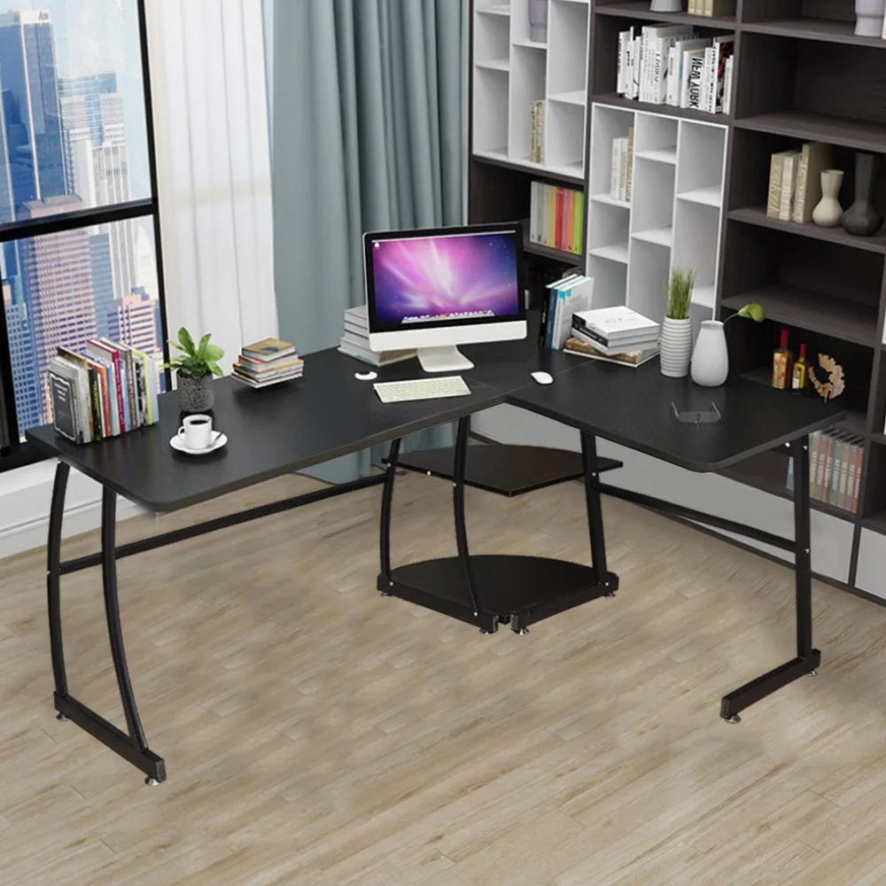 

L-Shaped Computer Desk Corner Desk Work Station with 2 Storage Layers for Home Office Meeting Work Study Ship from US