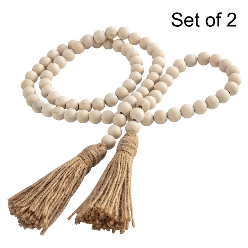 Promotion! 2 Sets Big Wood Bead Garland,54 Inch Farmhouse Rustic Country Beads with Tassels Prayer Beads Wall Hanging Décor
