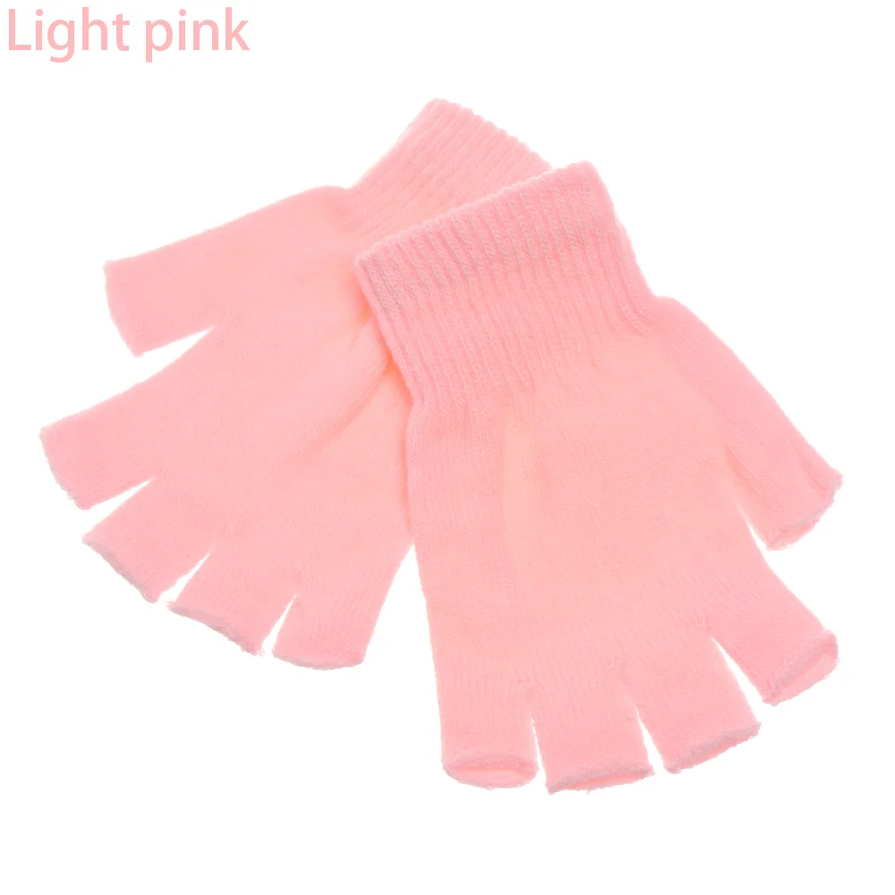 light pink Зимние вязанные перчатки-митенки для женщин и мужчин, теплые короткие толстые теплые рукавицы, сохраняющие тепло, тянущиеся однотонные варежки - Цвет: light pink