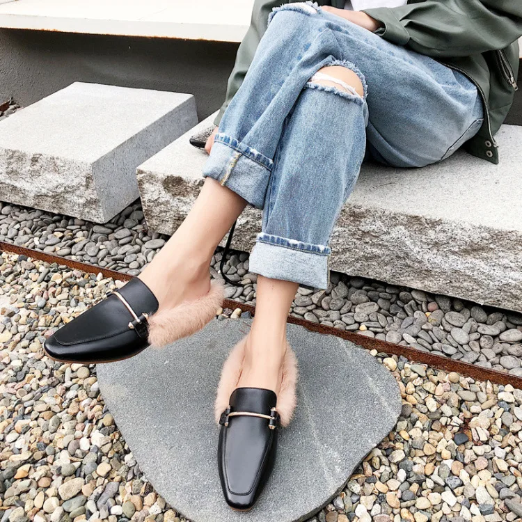 

2018 Autumn & Winter New Style Korean-style Genuine Leather Rex Rabbit Fur Versitile Fashion Flat Outer Wear Furry WOMEN'S Slipp