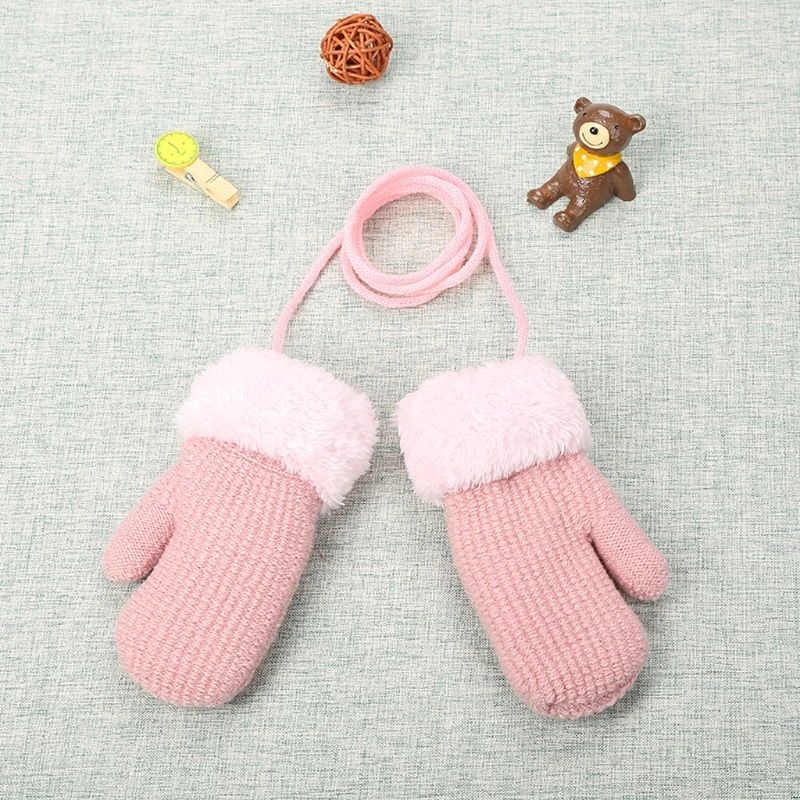 Winter Outdoor Baby Boys Girls Knitted Gloves Warm Rope Full Finger Mittens Gloves for Children Hanging neck Kids