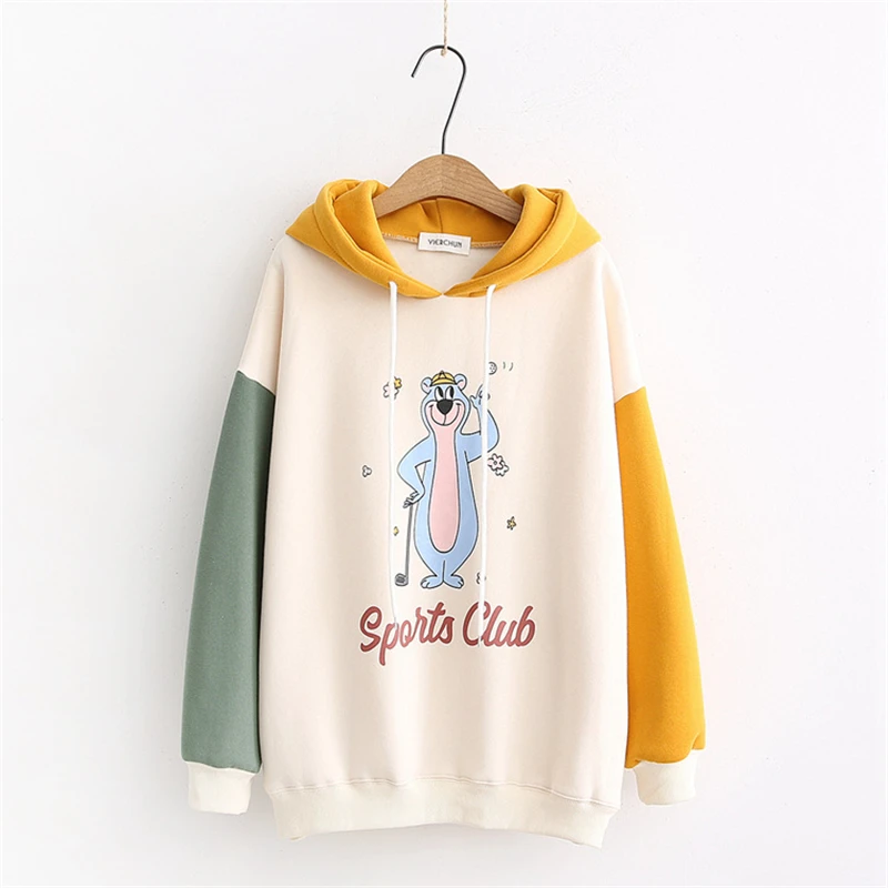 MERRY PRETTY женские толстовки с капюшоном мультфильм печати лоскутное толстовки зима плюс бархат шнурок пуловер Свободный спортивный костюм