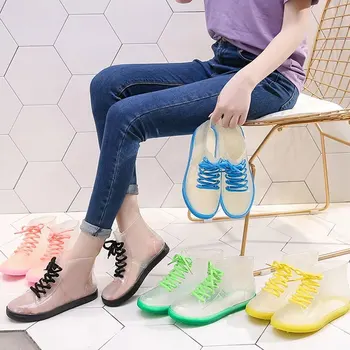 

Fashion Lace-up Rain Boots Non-slip Jelly Candy Colored Rubber Shoes Short Rain Boots Overshoes Waterproof Crystal Water Shoes