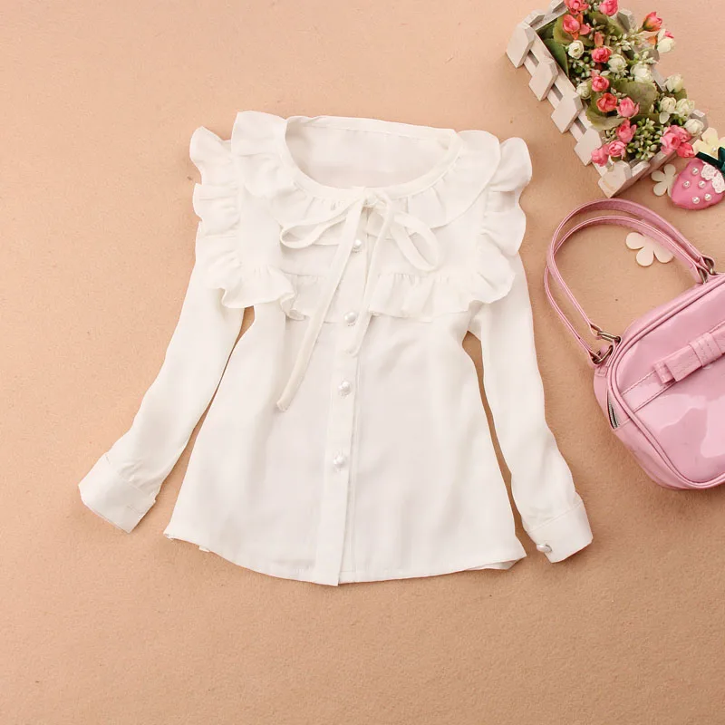 Spring Autumn 2-16Y Chiffon Ruffles Lace Baby Teen Big Girls Long Sleeve Blouse School Girl Tops Kids Shirts JW0555