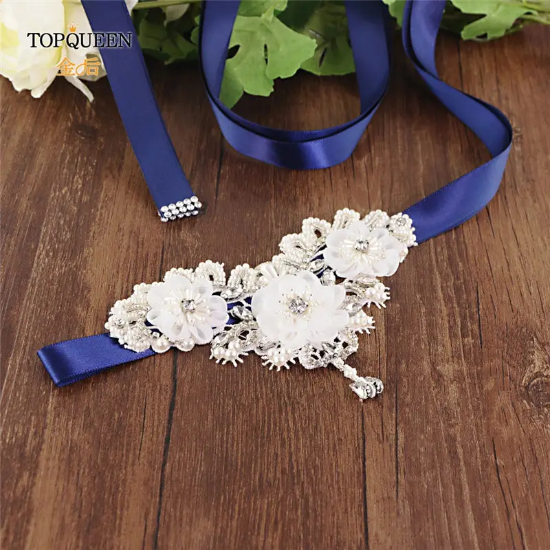 Navy blue TOPQUEEN S354 свадебные цветочные повязки для вечерних платьев пояс с бахромой женские свадебные Ремни цветы с жемчугом бисером цветок створки - Цвет: Navy blue
