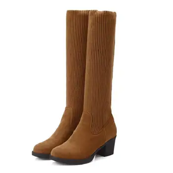 

2019 New Women's High Heels boots Suede Shoes woman Round head Solid Color fashion Women's Winter boots Size 34-44